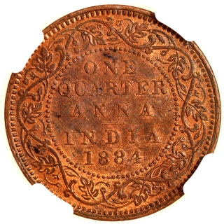 Very Rare NGC MS 62 RB Graded Copper One Quarter Anna Coin of Victoria Empress of Bombay Mint of 1884.