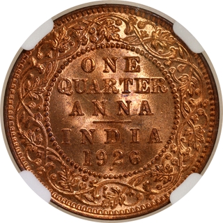 Extremely Rare Top Pop NGC MS 67 RD Graded Bronze One Quarter Anna Coin of Bombay Mint of 1926 of King George V.