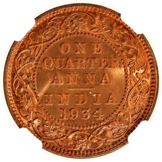 Extremely Rare Top Pop NGC MS 67 RD Graded Bronze One Quarter Anna Coin of Calcutta Mint of 1934 of King George V.