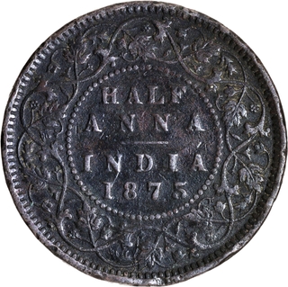 Extremely Rare Copper Half Anna Coin of Victoria Queen of Calcutta Mint of 1875.
