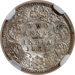 Scarce NGC AU 58 Graded Silver Two Annas Coin of Victoria Empress of Bombay Mint of 1884.