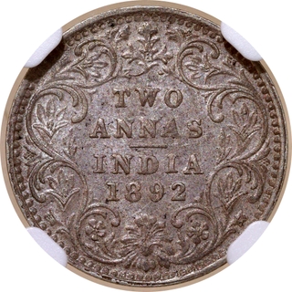 Scarce NGC AU 58 Graded Silver Two Annas Coin of Victoria Empress of Bombay Mint of 1892.