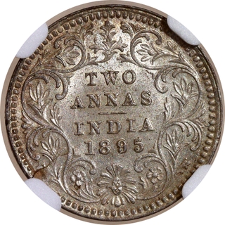 Rare NGC MS 62 Graded Silver Two Annas Coin of Victoria Empress of Calcutta Mint of 1895.