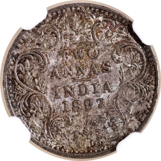 Very Rare NGC MS 64 Graded Silver Two Annas Coin of Victoria Empress of Bombay Mint of 1897.