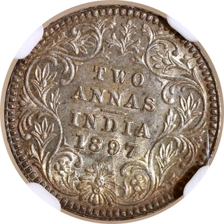 Very Rare NGC MS 64 Graded Silver Two Annas Coin of Victoria Empress of Calcutta Mint of 1897.