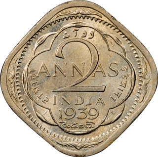 Extremely Rare Top Pop PCGS MS 63 Graded Cupro Nickel Two Annas Coin of King George VI of Calcutta Mint of 1939.