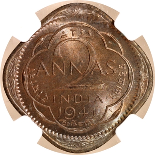 Rare NGC MS 65 Graded Cupro Nickel Two Annas Coin of Calcutta Mint of King George VI of 1941.