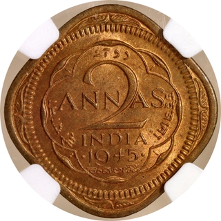 Very Rare NGC MS 65 Graded Nickel Brass Two Annas Coin of King George VI of Bombay Mint of 1945.