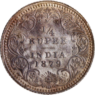 Rare Silver Quarter Rupee Coin of Victoria Empress of Calcutta Mint of 1879.