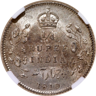 Very Rare NGC MS 63 Graded Silver Quarter Rupee Coin of King Edward VII of Bombay Mint of 1910.