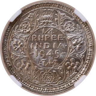Rare NGC MS 62 Graded Large Five Silver Quarter Rupee Coin of King George VI of Bombay Mint of 1945.