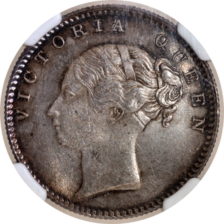 Extremely Rare Top Pop NGC MS 64 Graded Silver Half Rupee Coin of Victoria Queen Continuous Legend of Calcutta Mint of 1840.
