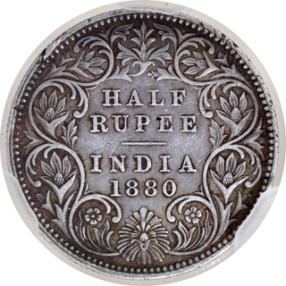 Extremely Rare NGS AU Graded Silver Half Rupee Coin of Victoria Empress of Calcutta Mint of 1880.