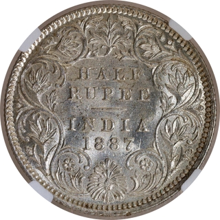Extremely Rare NGC MS 64 Graded Silver Half Rupee Coin of Victoria Empress of Calcutta Mint of 1887.