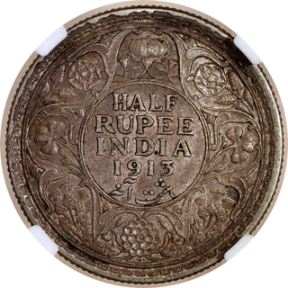 Very Rare NGC XF 45 Graded Silver Half Rupee Coin of King George V of Bombay Mint of 1913.