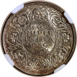 Rare NGC MS 64 Graded Silver Half Rupee Coin of King George VI of Calcutta Mint of 1939.
