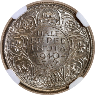 Rare NGC MS 64 Graded Silver Half Rupee Coin of King George VI of Calcutta Mint of 1940.