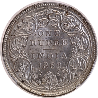 Extremely Rare PCGS MS 63 Graded Silver One Rupee Coin of Victoria Queen of Madras Mint of 1862.