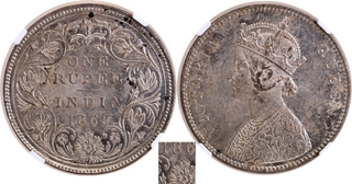 Scarce NGC MS 61 Graded Silver One Rupee Coin of Victoria Queen of Bombay Mint of 1862 of A/II/0/5 Dots.