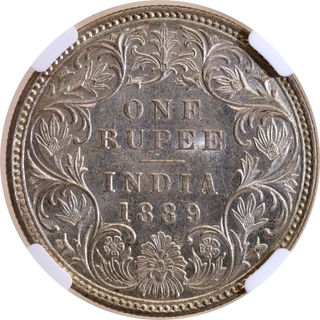 Rare NGC MS 61 Graded Silver One Rupee Coin of Victoria Empress of Bombay Mint of 1889.