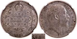 Extremely Rare NGC AU 58 Graded Silver One Rupee Coin of King Edward VII of Bombay Mint of 1910 (10 over 08).