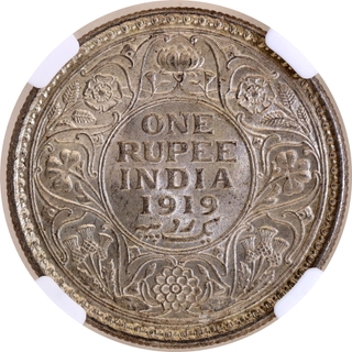 Scarce NGC MS 61 Graded Silver One Rupee Coin of King George V of Calcutta Mint of 1919.