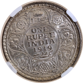Scarce NGC MS 62 Graded Silver One Rupee Coin of King George V of Calcutta Mint of 1919.