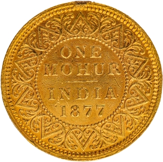 Very Rare Gold One Mohur Coin of Victoria Empress of 1877 of Calcutta Mint.
