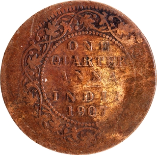 Planchet Shifted Error Bronze One Quarter Anna Coin of King Edward VII of Calcutta Mint of 1907.