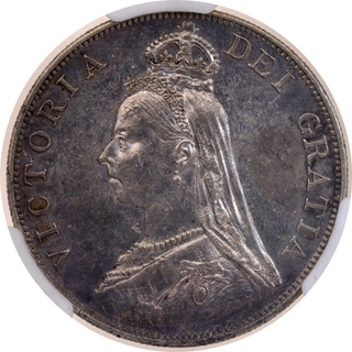 Rare NGS AU 58+ Graded Silver Double Florin Coin of Queen Victoria of Great Britain of United Kingdom.