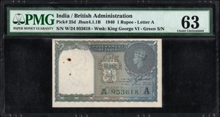 PMG 63 Graded British India One Rupee Banknote of King George VI of 1944 Signed by C E Jones.