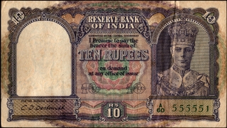 Rare Ten Rupees Banknote of King George VI Signed by C D Deshmukh of 1944.