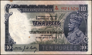 Extremely Rare Ten Rupees Banknote of King George V Signed by J W Kelly of 1937 of Legal Tender in Burma Issue.