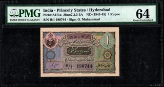 Extremely Rare PMG 64 Graded One Rupee Banknote Signed by Ghulam Muhammad of Hyderabad State of 1943.