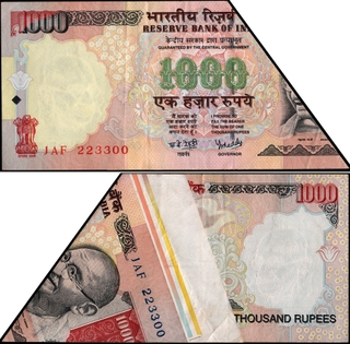 Extremely Rare Extra Paper and Sheet Fold Cutting Error One Thousand Rupees Banknote of Republic India Signed by Y V Reddy.