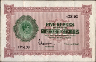 Rare Five Rupees Banknote of King George VI of 1942 of Seychelles.