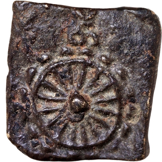 Very Rare Dharmachakra type Copper Karshapana Coin of Taxila Region of Post Mauryas of Five Guilds series.