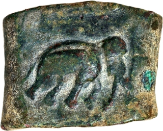 Rare Post Mauryan Copper Coin of Taxila Region with Horse and Elephant.