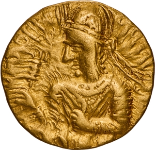 	Very Rare Gold Dinar Coin of Huvishka of Kushan Dynasty of NANA type, King holding Ankush.	