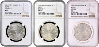 NGC graded as MS 63, 64, Rare in this grade, Bhuj Mint, Silver 5  Kori (3), VS 1986 /1930 AD, VS 1991 /1934 & 1935 AD Coins.