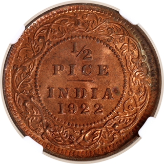 Rare NGC MS 65 RB Graded Bronze Half Pice Coin of King George V of Calcutta Mint of 1922.