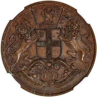 Rare NGC MS 62 BN Copper One Quarter Anna Coin of East India Company of Madras Mint of 1835.