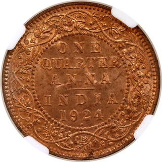 Rare NGC MS 65 RB Graded Bronze One Quarter Anna Coin of King George V of Bombay Mint of 1924.