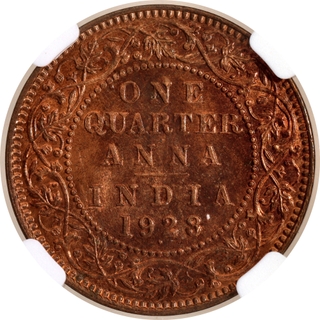 Extremely Rare Top Pop NGC MS 67 RB Graded Bronze One Quarter Anna Coin of King George V of Bombay Mint of 1928.