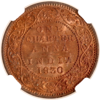 Extremely Rare Top Pop NGC MS 66 RB Graded Bronze One Quarter Anna Coin of Calcutta Mint of 1930.