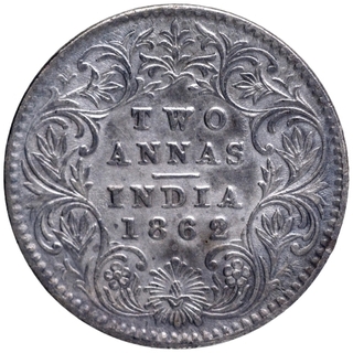 Rare Uncirculated Silver Two Annas Coin of Victoria Queen of Calcutta Mint of 1862.
