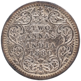 Rare Year Silver Two Annas Coin of Victoria Empress of Calcutta Mint of 1880.
