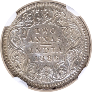 Very Rare NGC MS 64 Graded Silver Two Annas Coin of Victoria Empress of Calcutta Mint of 1886.