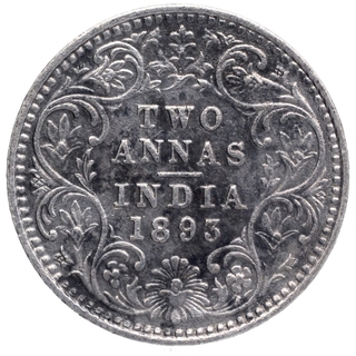 Silver Two Annas Coin of Victoria Empress of Bombay Mint of 1893.