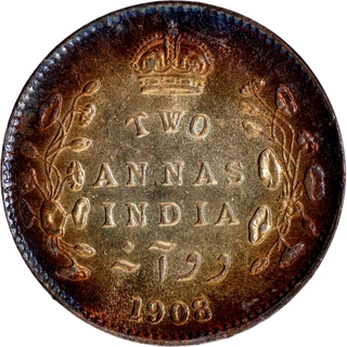 Rare Gem Uncirculated Silver Two Annas Coin of King Edward VII of Calcutta Mint of 1908.